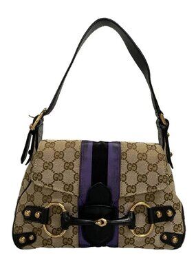 GUCCI GG/Horsebit 129699 Beige Brown Black Jacquard Leather Satin Handbag